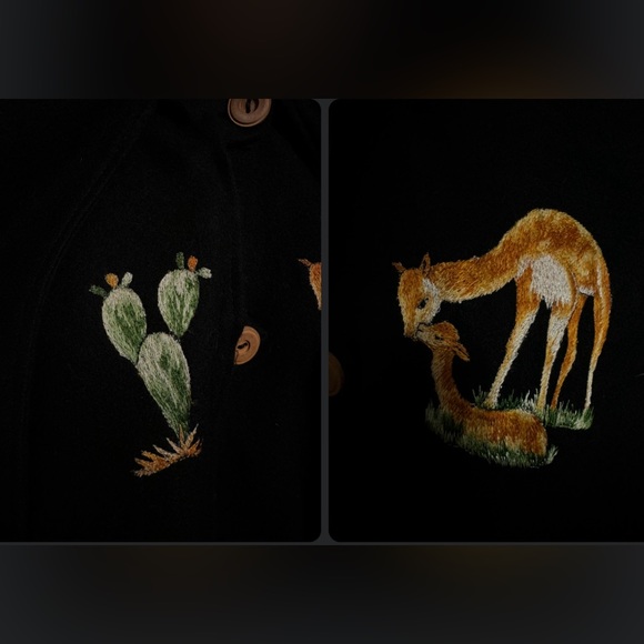 Vintage Black South American Vicuña Cactus Embroidered Wool Aztec Poncho Cape - Picture 2 of 10